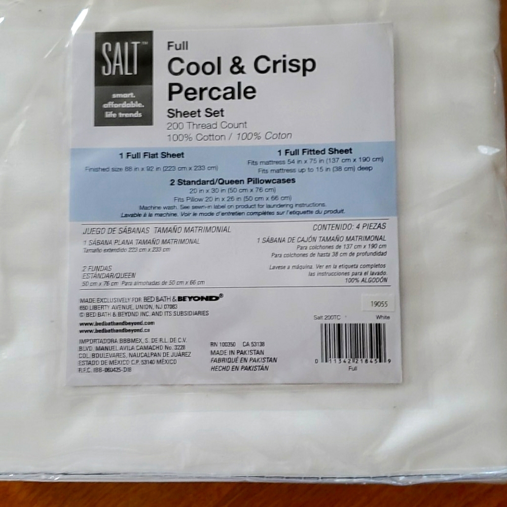 Salt Percale Sheet Set Full Size White Brand New